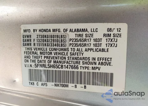 2012 Honda Odyssey Ex-L из США, поврежденный, VIN 5FNRL5H65CB147666